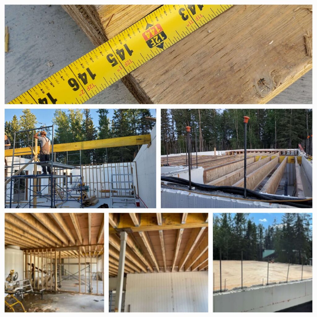 TJI joists and LVL beams being installed for an Advantage ICF cabin's main floor.