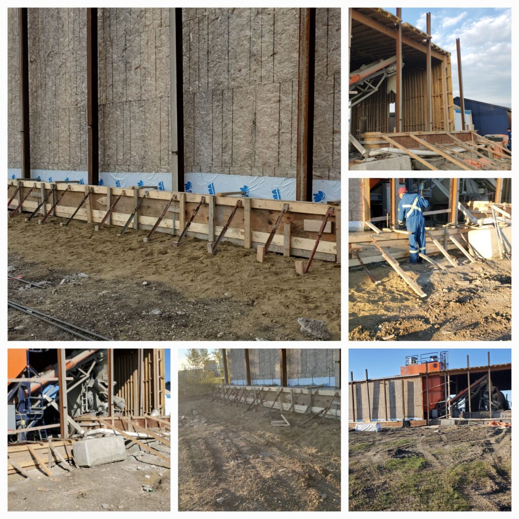 "Construction collage highlighting the process of forming a commercial-grade beam for a 22-foot tall 8" concrete core fire-rated wall.