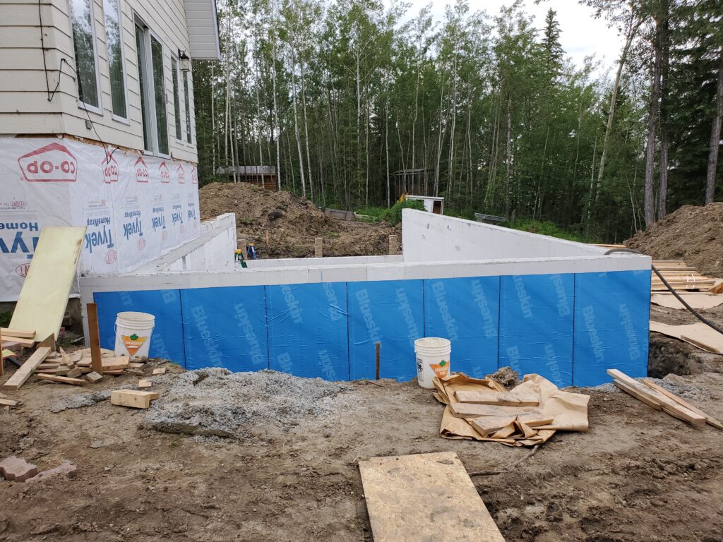 Advantage ICF frost wall with Blueskin waterproofing membrane on the exterior foam surface, ensuring superior protection against moisture.