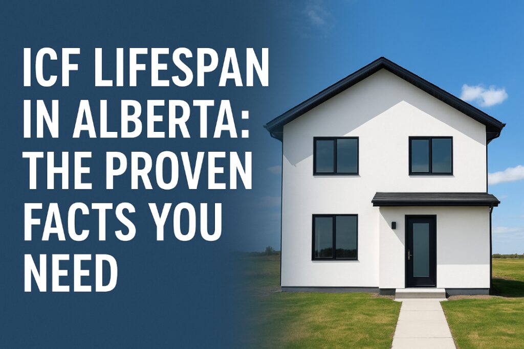ICF home in Alberta with text overlay about proven lifespan facts
